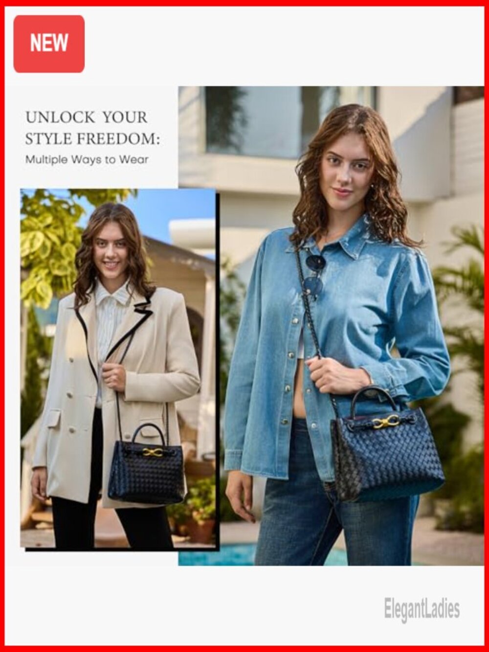 Woven PU Leather Tote Bag with Adjustable Strap, 2 Compartments, Magnetic - Picture 2 of 7